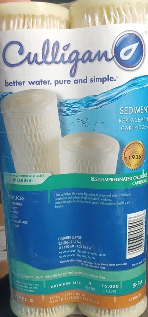 2 Piezas Cartuchos De Filtro De Agua De Repuesto De Sedimentos Básicos Culigan S-1A 20 Micras