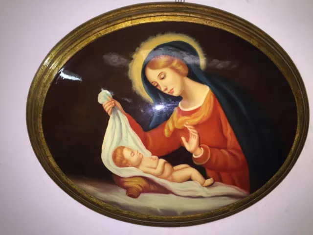 Quadro capezzale Madonna Del Velo barocco dipinto olio Su medaglione oro 40x50