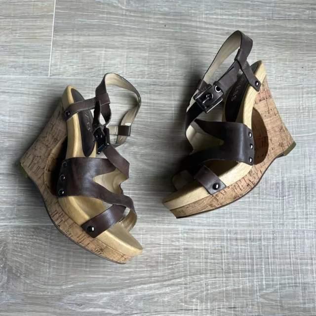 Guess Sz 5.5 M Weille Brown Open Toe Wedges Womens Shoes