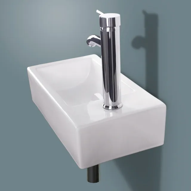 Bathroom Ceramic Vessel Sink Wall Mount Vanity Rectangle Porcelain Faucet White 3