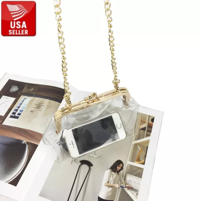 Transparent PVC Purse Gold Color Clasp Shoulder Bag Clear Vinyl with Chain Strap