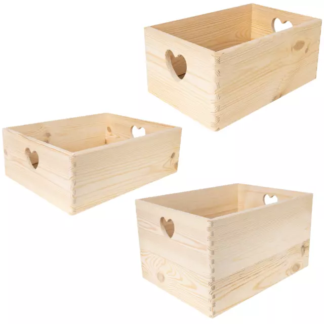 Wooden Crates Heart Handles | 3 Sizes | Plain Unpainted Natural Wood Storage Box