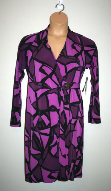 NEW NINE WEST Purple Black Printed Faux Wrap Dress Long Sleeve L Large NWT $129