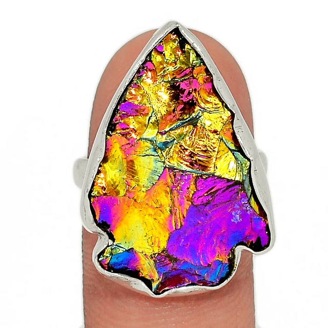 Arrowhead - Treated Titanium Aura Quartz 925 Silver Ring Jewelry s.8 BR225367