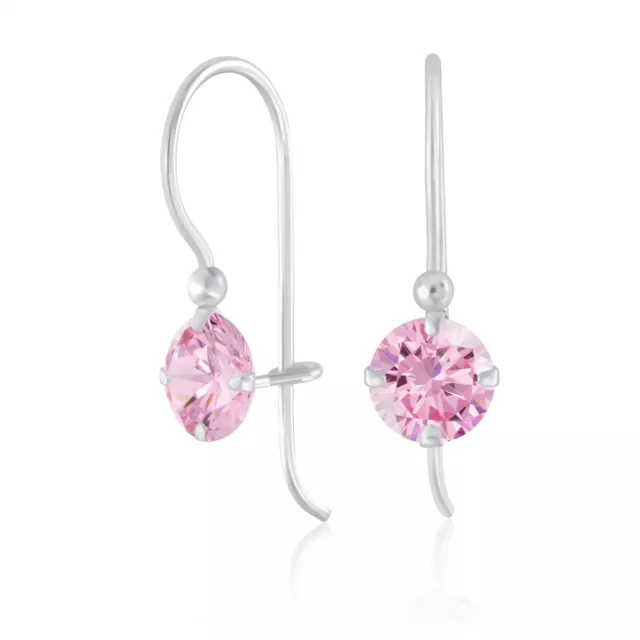 925 Sterling Silver Pink Round 6mm Hook CZ Cubic Zirconia Dangle Drop Earrings