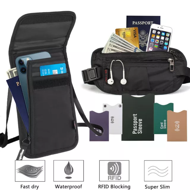 Travel Money Belt - Slim Passport Holder RFID Blocking Travel Pouch Neck Wallet