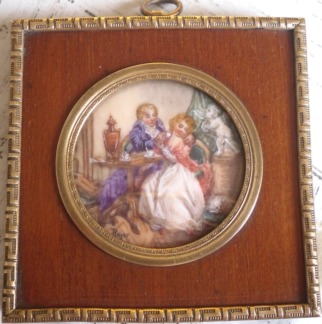Peinture Miniature Ancienne - Scène De Promenade Romantique - Signée - Objet D'Art