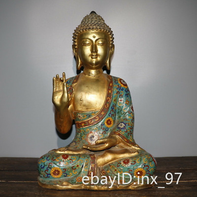 18.2" China Tibet Old pure copper Hand-made cloisonné enamel Shakyamuni Buddha