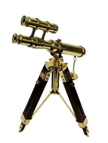 Nautical Double Barrel Marine Shiny Brass  Telescope 9" With Wooden Tripod Stand