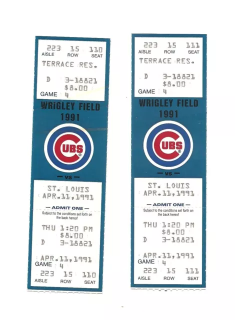 Chicago Cubs vs St. Louis Cardinals Unused Baseball Tickets from 4/11/1991