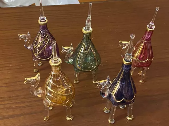 Set of 5 Mouth blown EGYPTIAN PERFUME BOTTLES Pyrex Glass CAMEL Shape 5.2"