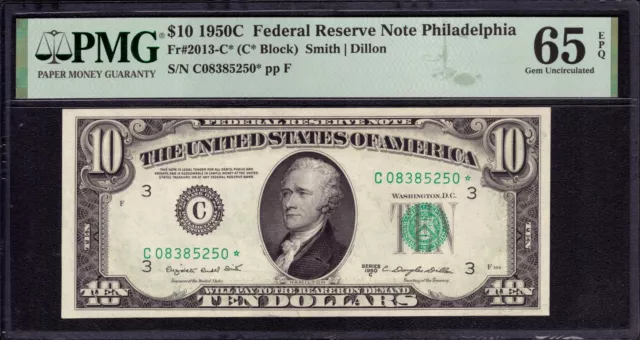 1950 C $10 Federal Reserve Star Note Fr.2013-C* Philadelphia Top Pop Pmg 65 Epq