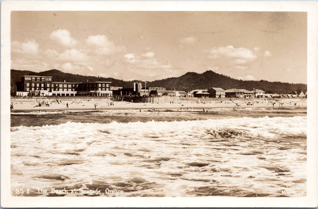 RPPC - Beach, Surf, Promenade at Seaside, Oregon - Real Photo Postcard - 1945