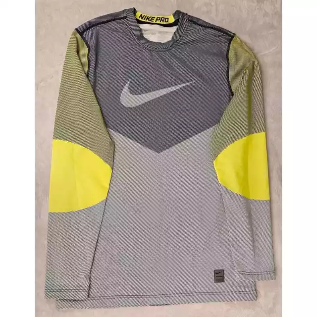 Nike Pro Dri-Fit Compression Shirt Mens M Grey Striped Center Swoosh Long Sleeve