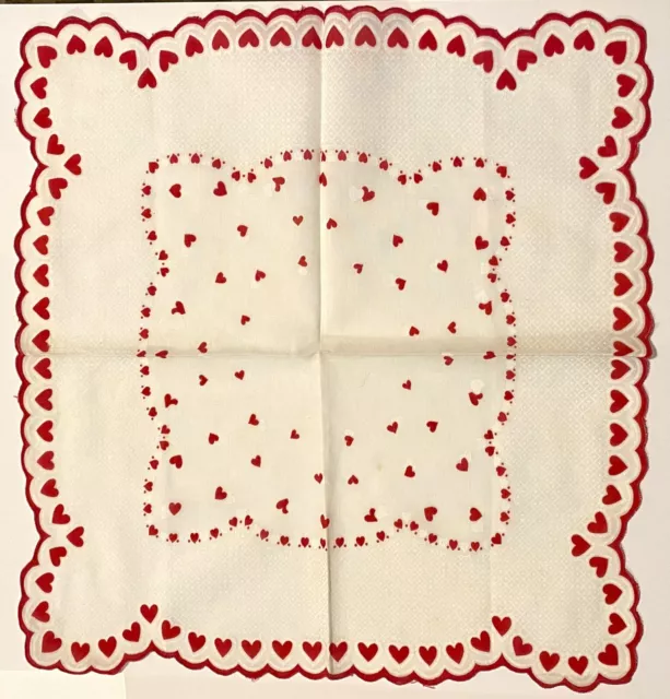 Vintage Valentines Day Handkerchief Red Hearts Scalloped Edges Pretty Hanky 13"