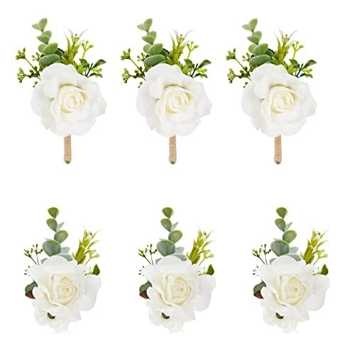 Meldel White Ivory Rose Wrist Corsage Boutonniere for Men Wedding Wrist Flowe...