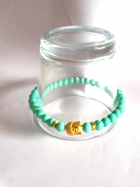 Sweet Gold Buddha Head Turquoise Blue Glass Bead Stretch Bracelet