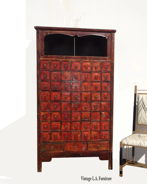 19TH CENTURY ASIAN Chinese Red Apothecary w 59 Drawers 79" Tall