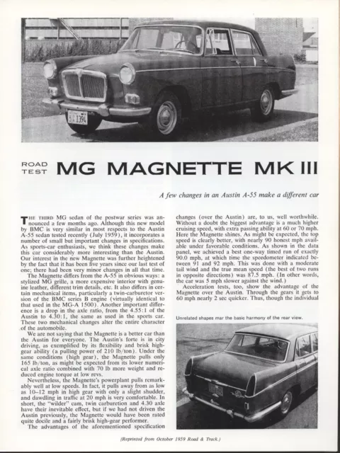 Road & Track Article Reprint from October 1959 - Road Test MG Magnette MK III -