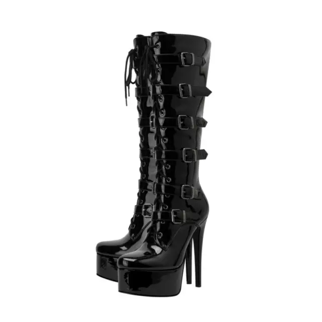 Womens Patent Leather High Platform Stiletto Buckle Straps Thin Knee High Boots