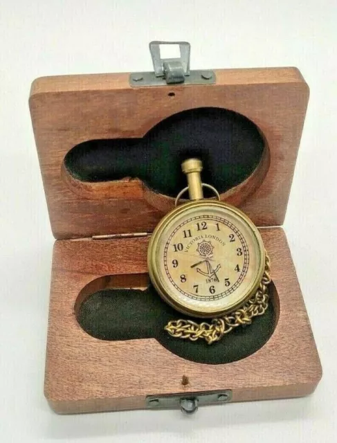 Reloj de bolsillo antiguo de latón con caja de madera, regalo para hombres,...