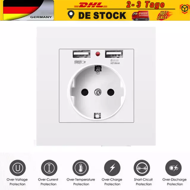 230V Schuko EU -Steckdose mit 2* USB Schutzkontakt Unterputz USB-Steckdose 16A