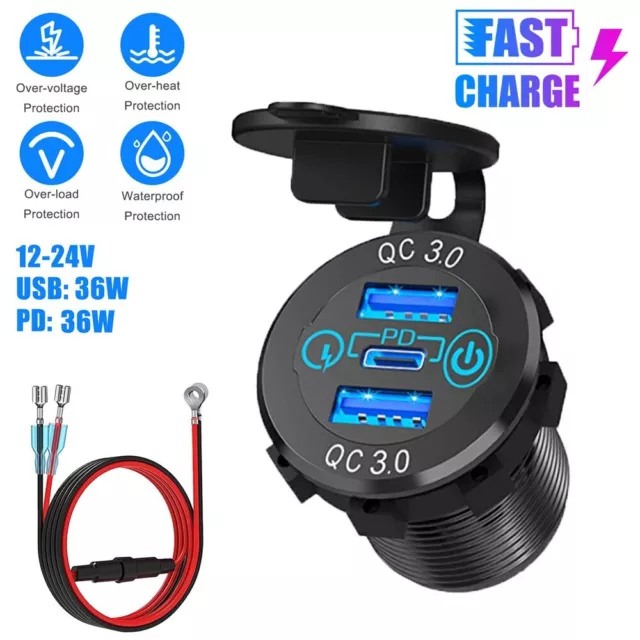 Dual QC 3.0 USB PD Type-C Fast Car Charger Power Outlet Socket Adapter 12V 24V