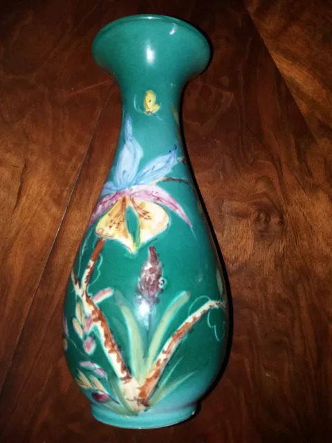 Alte Ulmer Keramik Vase Baluster Form Grün mit Bunten Blumen Handbemalt 50er