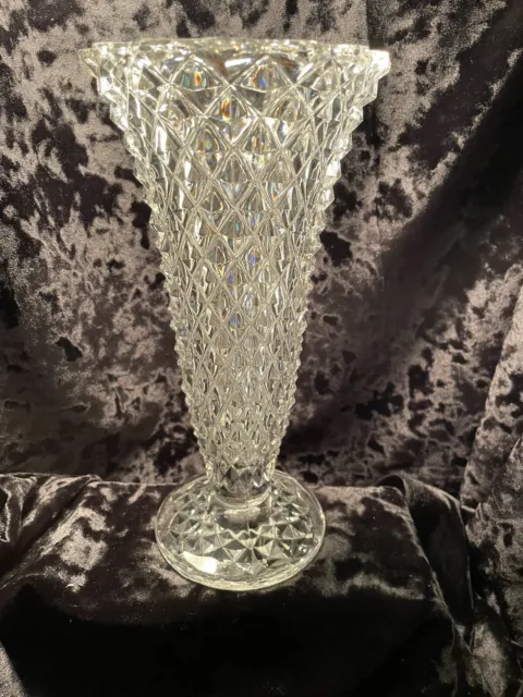 Crystal Footed Diamond Cut Pattern 8.5” Trumpet Vase Reflective Heavy 1.12 Lbs.