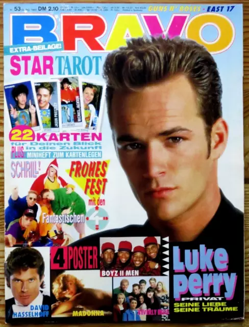 Bravo 53/92 Titelfoto: Luke Perry, Mit Partnerspiel "Star-Tarot" mit 22 Karten