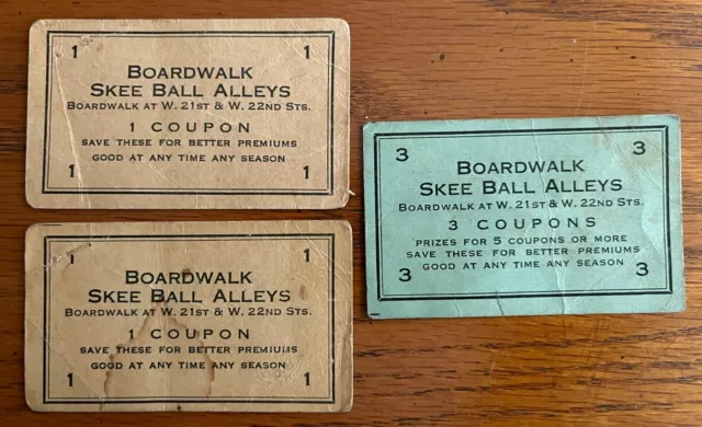 Coney Island BOARDWALK SKEE BALL ALLEYS Coupons 1950s 3 coupons