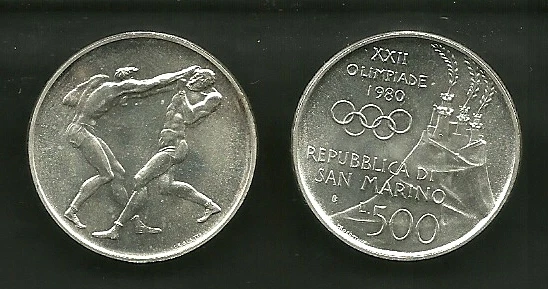 MONETA SAN MARINO FDC LIRE 500 ag 835/.. ARGENTO SILVER OLIMPIADI DI MOSCA 1980