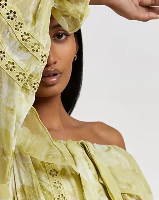 Mini abito con scollo River Island stampa floreale Bardot taglia 16 nuovo senza etichette