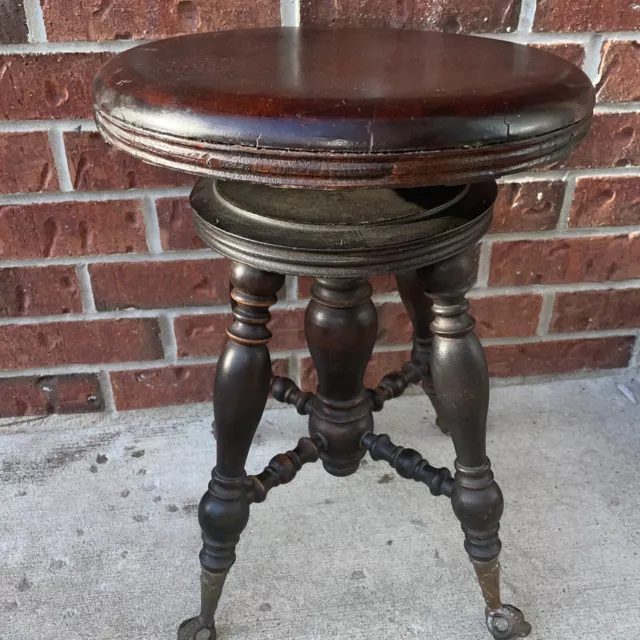 Wood Piano Stool Glass Ball & Claw Feet Adjustable Swivel Seat 1908 Antique