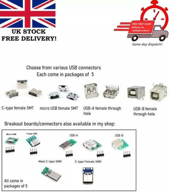 Stecker USB-A, USB-B, Micro USB-, Typ-C, Anschlüsse - PCB SMT/Durchgangslochmontage