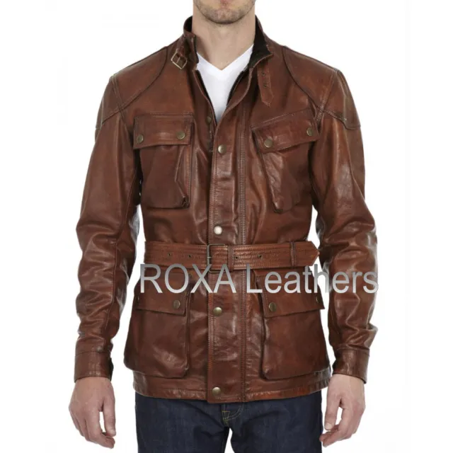 NEW Men Lambskin Genuine Real Leather Biker Brown Designer Pocket Belted Jacket