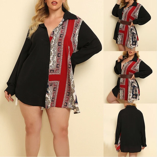 Camicia nera alla moda donna taglie forti con maniche lunghe per abiti casual