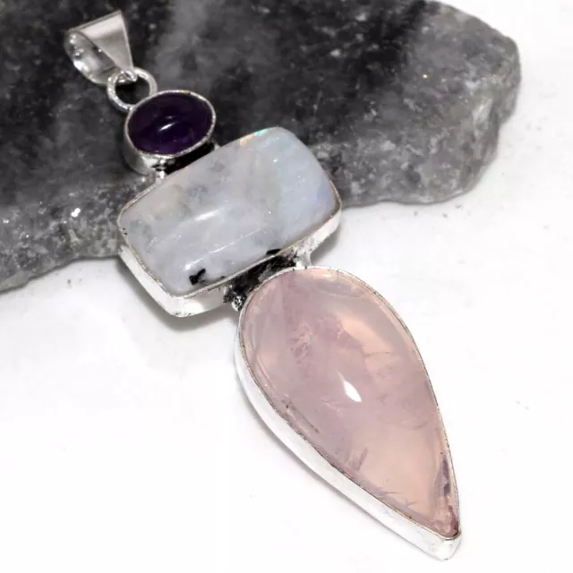 Rose Quartz Rainbow Moonstone Ethnic Gemstone Long Pendant Jewelry 3" JW