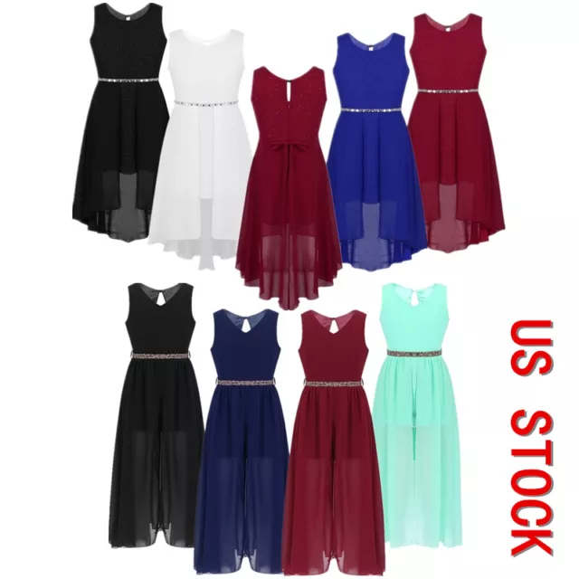 US Kids Sparkly Rhinestone Chiffon Dresses Flower Girl Dress Evening Party Gowns