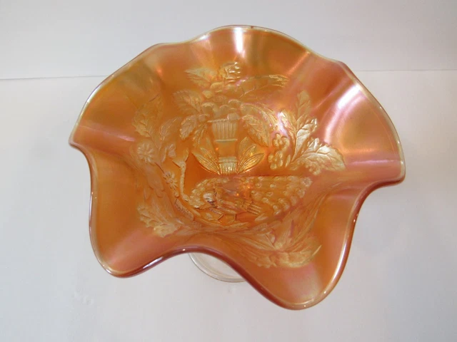 5" Carnival Glass Footed Marigold Fenton Peacock & Urn Ruffled Compote