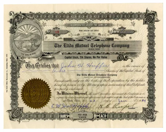 Elida Mutual Telephone Co., 1934, I/U Stock Certificate