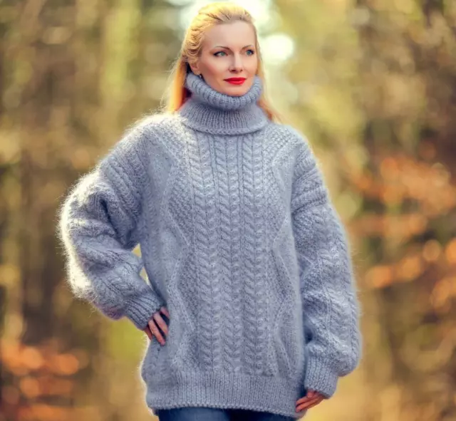 SUPERTANYA gray mohair sweater cable pullover fuzzy hand knitted thick jumper