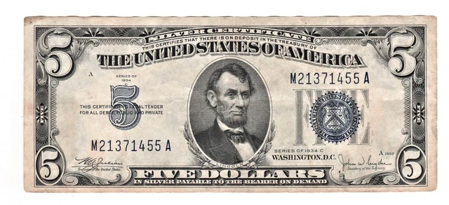 CRISP 1934 C Five Dollar Bill Silver Certificate Blue Seal Nicely Circulated!