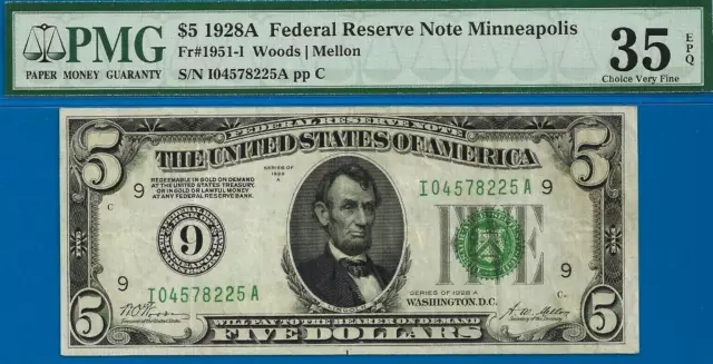 1928A $5 Federal Reserve Note PMG 35EPQ rare wanted Minneapolis Fr 1951-I