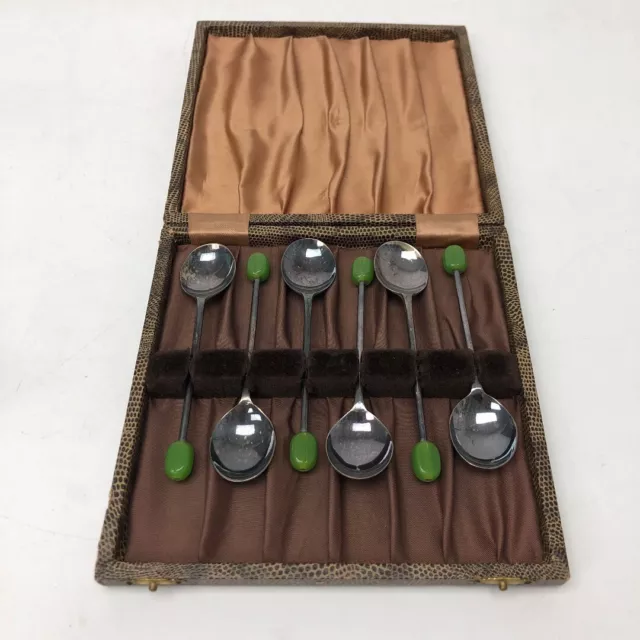 Coffee Bean Spoons x6 + Case EPNS Green Bead Handles Kitchenware Cutlery -CP
