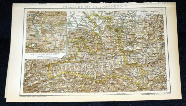 SALZBURG & SALZKAMMERGUT  Landkarte Lithographie & Artikel von 1895 ORIGINAL
