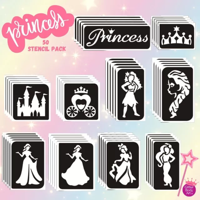 Paquete de 50 plantillas de tatuaje de princesa brillante - idea de fiesta de cumpleaños de princesa