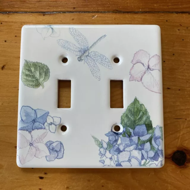 Vintage White Ceramic Flower Dragonfly Nature Double Light Switch Cover