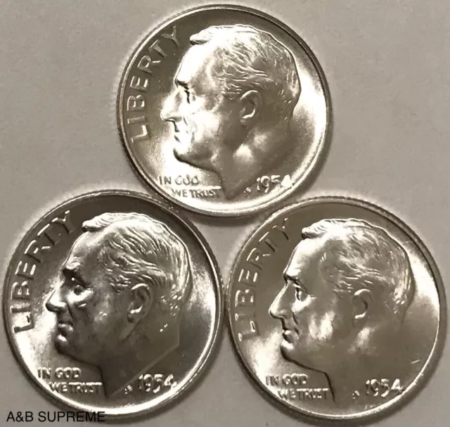 1954 P D S Roosevelt Dime 3 Coin Set Lot Gem Bu Uncirculated 90% Silver