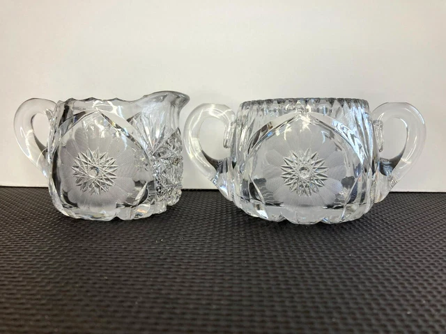 American Brilliant Cut Glass Crystal Vintage Sugar Bowl & Creamer .